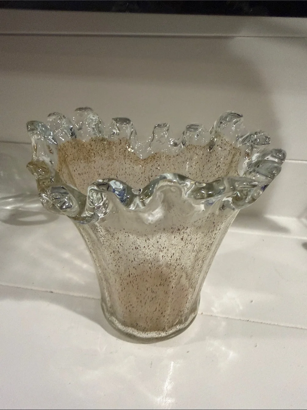 Handblown Ruffled Glass Vase in Clear and Cream